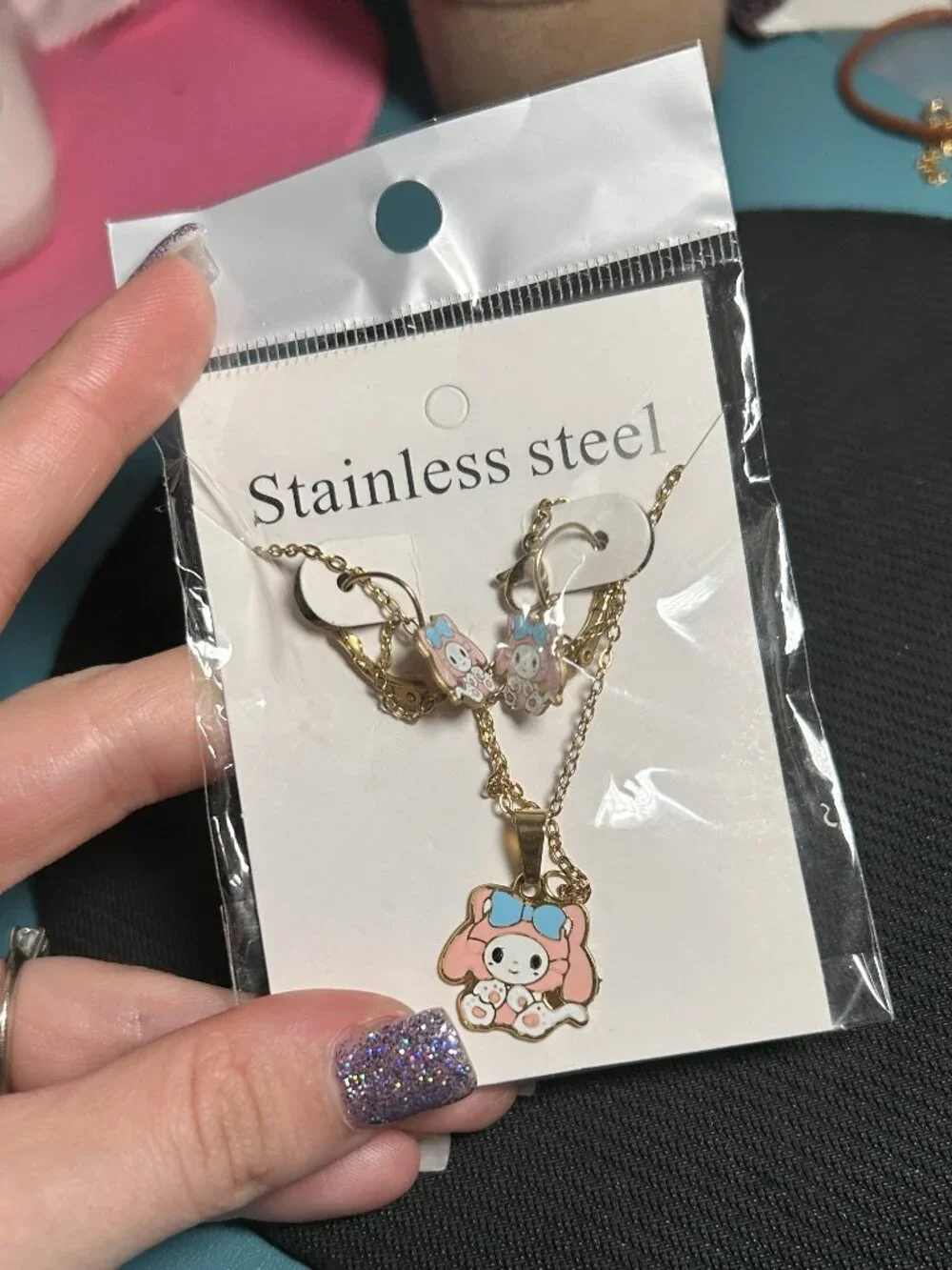 My Melody Enamel Pendant Necklace & Earrings Set - Gold Tone Stainless Steel